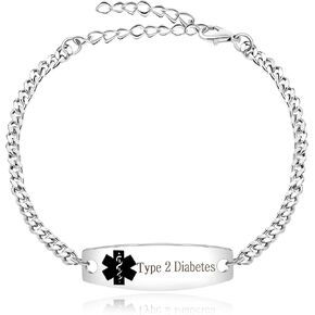 FashionAdjustable Chain Stainless Steel Emergency Medical Bracelets for Women Pre-engraved Type & Free Engraving Type Allergy Diabetic Medical Alert Bracelet