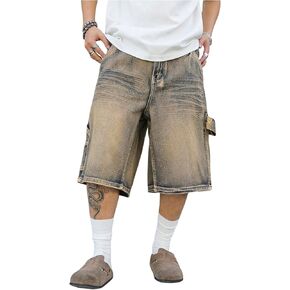 Men's Jean Shorts Vintage Wide Leg Denim Shorts with Pockets Streetwear