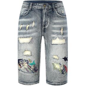 Gold Toucher Men's 3/4 Embroidery Ripped Denim Shorts & Jeans Summer Casual Classic Straight Distressed Ripped Short Jeans
