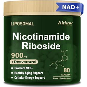 Airboy liposomal nicotinamide الريبوسيد 900 ملغ ، مكمل NAD مع ريسفيراترول ، NMN البديل الدعم لدعم مكافحة الشيخوخة ، الطاقة ، التركيز - 80 كبسولات 2 حزمة
