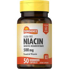 Sundance Flush Free Niacin 500 mg | 50 كبسولات | inositol hexanicotinate | فيتامين أساسي | ملحق خالي من GMO والغلوتين