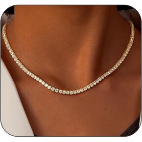 Dainty Tennis Necklaces for Women 14K Gold Plated Thin CZ Tennis Necklace Faux Diamond Tennis Chain Adjustable Tennis Choker Necklace for Women Necklace for Prom