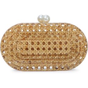 GOKTOW Woven Rattan Clutch Purse with Magnetic Closure Beach Handbag, Lightweight Acrylic Summer Bag for Vacation
