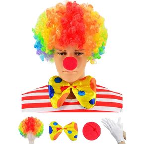 Clown Costume - Clown Wig + Clown Nose + Bow Tie + White Gloves Set of 4 (Rainbow)