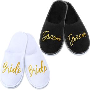 Janmercy 2 Pairs Wedding Groom Bride Slippers for Wedding Personalized Slippers Shower Bridal Party Gifts, White and Black(Bride Style)