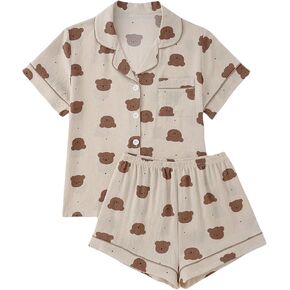 SweatyRocks Women's Matching Pjs 2 Piece Cute Printed Short Sleeve Button Front Top with Shorts Pajama Set
