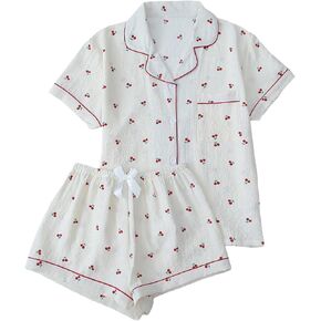 SweatyRocks Women's Matching Pjs 2 Piece Cute Printed Short Sleeve Button Front Top with Shorts Pajama Set in Saudi Arabia