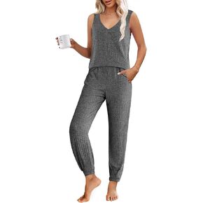 Ekouaer Womens Pajama Sets Sleeveless Tank Lounge Set Ribbed Knit Pj Loungewear Soft Sleepwear S-XXL