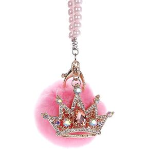 Bling Car Mirror Hanging Accessories Fluffy Car Hanging Ornament Pink Pom Pom Crystal Rhinestone Crown with Pearl Chain Car Ornaments Car Rearview Mirror Charms Pink Car Accessories for Women