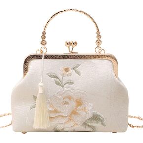 YeBon Retro Shoulder Chain Messenger Clutch Chinese Style Embroidered Elegant White Peony Flower Women's Evening Bags