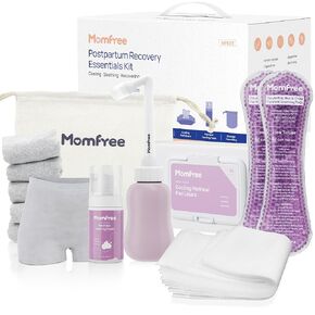 Postpartum Essentials Recovery Kit: Labor Delivery Post Partum 13 PCS Recovery Mom Care Set - Upside Down Peri Bottle | XL Disposable Underwear | Soothing Pads | Perineal Healing Foam | Canvas Bag