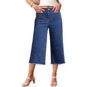 luvamia Capris Jeans for Women Wide Leg High Waisted Trendy Raw Hem Patch Pocket Cropped Stretchy Denim Capri Pants