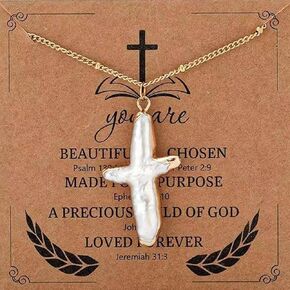 Pearl Cross Necklace Chunky Pearl Necklaces for Women Dainty Gold Cross Pendant Necklace Freshwater Baroque Pearl Necklace Christian Faith Gifts