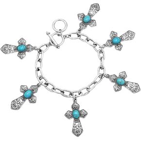 Rosemarie's Religious Gifts Women's Open Chain Toggle Clasp Bracelet with Dangle Turquoise Howlite Cross Charms, 7"-8"