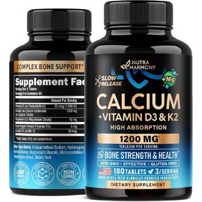 Calcium Supplement for Women - Calcium 1200 mg with Vitamin D3 & K2 - Bone Health, Strength & Density - High Absorption, Slow Release - Made in USA - Citrate & Carbonate Form - 180 Tablets for 2 Month
