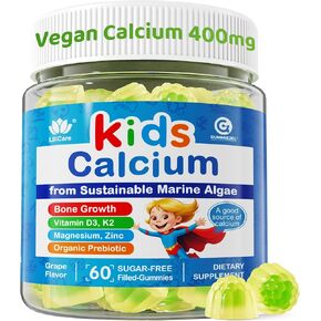 Sugar Free Kids Calcium Gummies (Made in USA) with Vitamin D3 K2, Magnesium, Zinc, Prebiotics, High Absorption Algae Calcium for Better Bone Growth & Development, Kids Vitamins Gummies, Vegan, 60 Cts