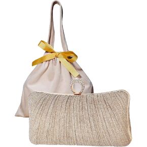 Womens Golden Glitter Clutch Purse Pleated Evening Bag for Bridal Wedding Party with Rhinestone Ring