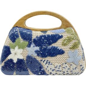 Sequin Clutch Bag for Women, Blue Floral Embroidered Evening Purse with Wooden Base, Top Handle & Removable Chain – Crossbody Handbag for Wedding, Party, Travel