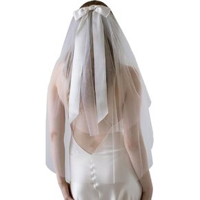 Bride Veils Bachelorette Party Veil White Bow Wedding Veil Soft Tulle Bridal Veils with Comb for Women and Girls (39.37in)