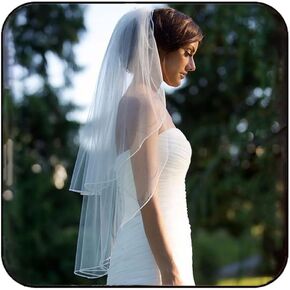 Unsutuo 2 Tier Bride Wedding Veil Pencil Edge Bridal Tulle Veil Short Blusher Veil with Comb for Women(Ivory)