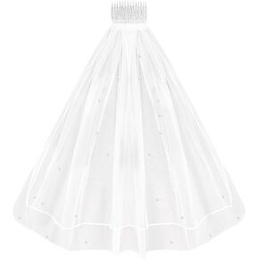 White Short Wedding Veil Short Bridal Veil Women's Short Vails with Pearl Rhinestone Elegant Tulle Layer Veil For Brides and Women