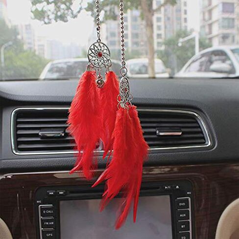 Car Rear View Mirror Hanging Pendant, Feather Dream Catcher Crystal Charm Bling Car Deco Accessories for Women (Red) in Kuwait