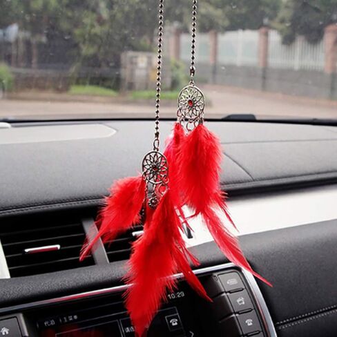 Car Rear View Mirror Hanging Pendant, Feather Dream Catcher Crystal Charm Bling Car Deco Accessories for Women (Red) in Kuwait