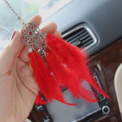 Car Rear View Mirror Hanging Pendant, Feather Dream Catcher Crystal Charm Bling Car Deco Accessories for Women (Red) in Kuwait