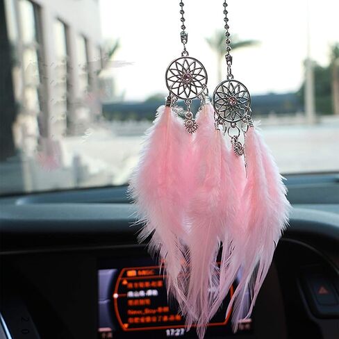 Car Rear View Mirror Hanging Pendant, Feather Dream Catcher Crystal Charm Bling Car Deco Accessories for Women (Red) in Kuwait