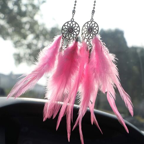 Car Rear View Mirror Hanging Pendant, Feather Dream Catcher Crystal Charm Bling Car Deco Accessories for Women (Red) in Kuwait