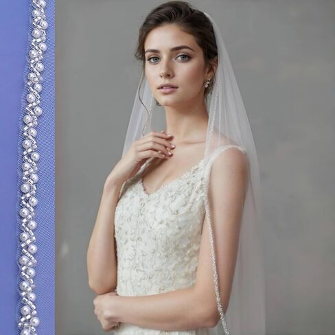 Pearl Bridal Veil Short Wedding Veil with Metal Comb Pearl Ivory Wedding Bridal Veil 1 Tier Wedding Party Veil for Women and Brides, Fingertip length 39 inches in Saudi Arabia