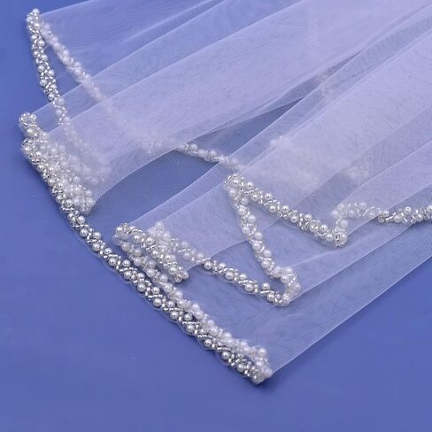 Pearl Bridal Veil Short Wedding Veil with Metal Comb Pearl Ivory Wedding Bridal Veil 1 Tier Wedding Party Veil for Women and Brides, Fingertip length 39 inches in Saudi Arabia