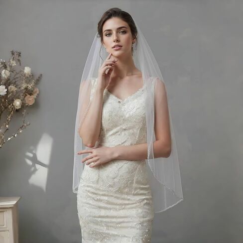 Pearl Bridal Veil Short Wedding Veil with Metal Comb Pearl Ivory Wedding Bridal Veil 1 Tier Wedding Party Veil for Women and Brides, Fingertip length 39 inches in Saudi Arabia