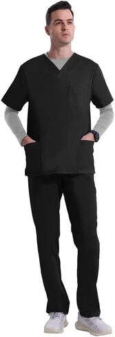 Uniforms World Elvis Scrubs Set for Men — Classic V-Neck Stretch Top & Straight Pants, Elastic Waistband, 7 Pockets in Kuwait