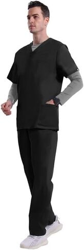 Uniforms World Elvis Scrubs Set for Men — Classic V-Neck Stretch Top & Straight Pants, Elastic Waistband, 7 Pockets in Kuwait