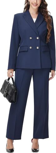 Lamgool Women's 2 Piece Set Double Breasted Blazer and Pants Suit Business Outfits for Work Office in Saudi Arabia