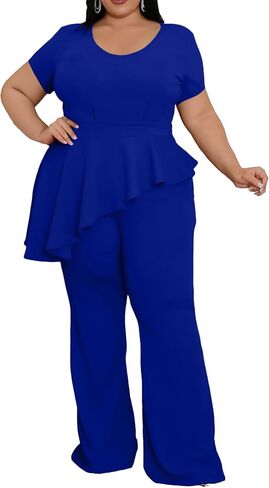 CXXQ Women's Plus Size Pant Suits 2 Piece Outfits Short Sleeve Peplum Top Pockets Wide Pants Sets Business Pantsuits in Kuwait