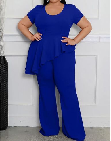 CXXQ Women's Plus Size Pant Suits 2 Piece Outfits Short Sleeve Peplum Top Pockets Wide Pants Sets Business Pantsuits in Kuwait