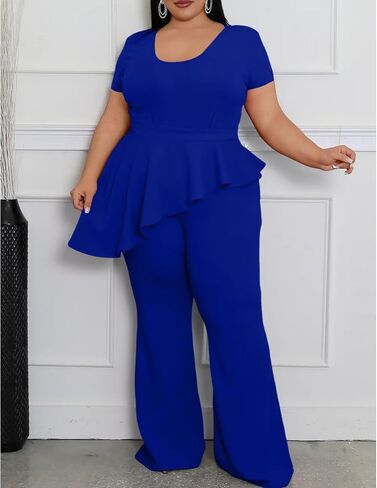 CXXQ Women's Plus Size Pant Suits 2 Piece Outfits Short Sleeve Peplum Top Pockets Wide Pants Sets Business Pantsuits in Kuwait