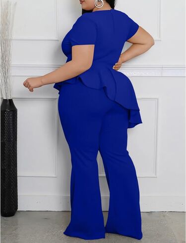 CXXQ Women's Plus Size Pant Suits 2 Piece Outfits Short Sleeve Peplum Top Pockets Wide Pants Sets Business Pantsuits in Kuwait