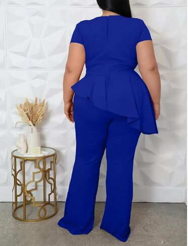 CXXQ Women's Plus Size Pant Suits 2 Piece Outfits Short Sleeve Peplum Top Pockets Wide Pants Sets Business Pantsuits in Kuwait