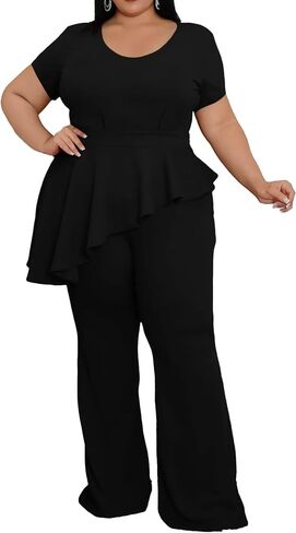 CXXQ Women's Plus Size Pant Suits 2 Piece Outfits Short Sleeve Peplum Top Pockets Wide Pants Sets Business Pantsuits in Kuwait