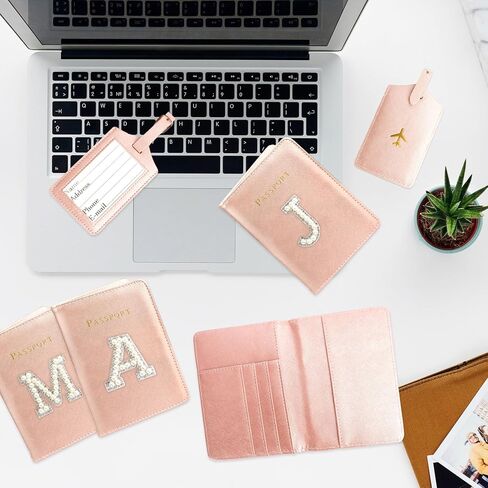 Initial Passport Holder and Luggage Tag Set Pink Leather Passport Holder Personalized Passport Cover for Travel Women Passport Book with Monogram Letter Travel Gifts Essentials for Women Travelers J in Kuwait