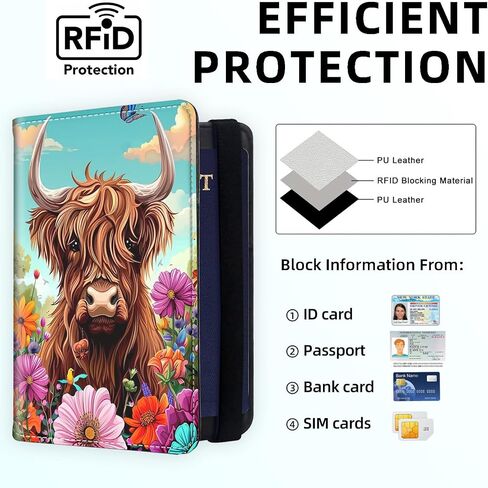 RFID حظر جواز السفر حامل للسفر ، قضية تغطية جواز سفر لجوازات سفر منظم جواز السفر حامل ، محفظة جواز سفر مع فتحات البطاقات للرجال والنساء ، بقرة هايلاند لطيفة in Kuwait