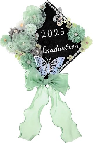 35 Pcs DIY Graduation Cap Decorations Accessory Kit, 3D Artificial Flowers, Butterfly & Alphabet Letter Stickers, Pearl Stickers, Bowknot for Grad Hats Decor(Green) in Kuwait
