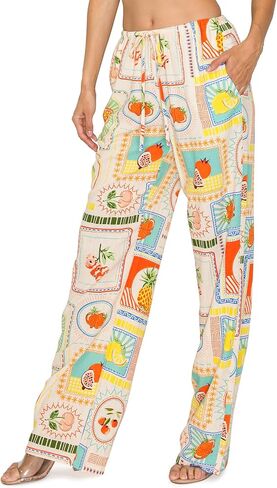 Cali1850 Women's Printed Linen Pants - 30" Inseam Drawstring Elastic Waist Casual Pull On Beach Lounge Trousers with Pockets in Kuwait