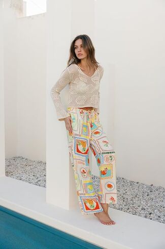 Cali1850 Women's Printed Linen Pants - 30" Inseam Drawstring Elastic Waist Casual Pull On Beach Lounge Trousers with Pockets in Kuwait