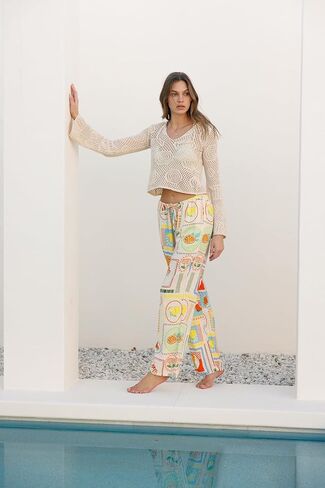 Cali1850 Women's Printed Linen Pants - 30" Inseam Drawstring Elastic Waist Casual Pull On Beach Lounge Trousers with Pockets in Kuwait