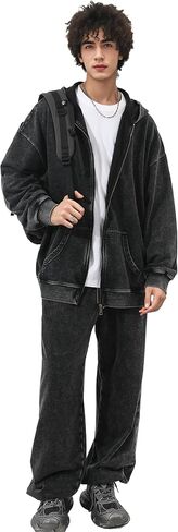Mens Oversized Sweatshirt Zip Up Hoodie Solid Wash Old Craft Basic Jackets Unisex Heavyweight Casual Sweatshirts in Saudi Arabia
