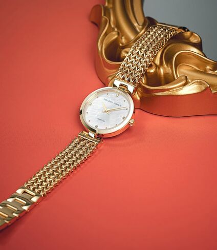 ساعة الذهب اللذيذة للنساء: DIAL OF PEARL مع علامات وقت الماس ، سوار قابل للتعديل وصندوق المراقبة الأنيق - سلسلة الكويكب in Kuwait